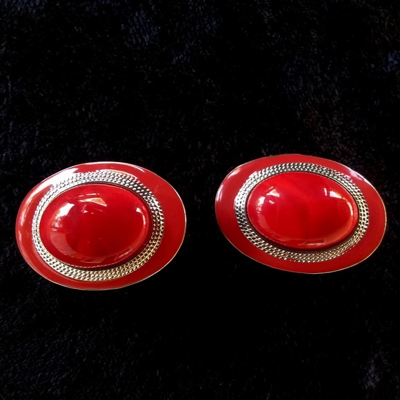 Vintage Karla Jordan - Red Silver Oval Earrings - Picture 4 of 5